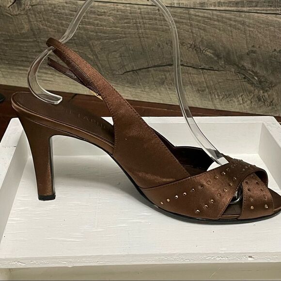 Metaphor Brown Peep Toe 3.5” Heel With Rhinestones and Buckle Ankle Strap Size 9 - Picture 8 of 15